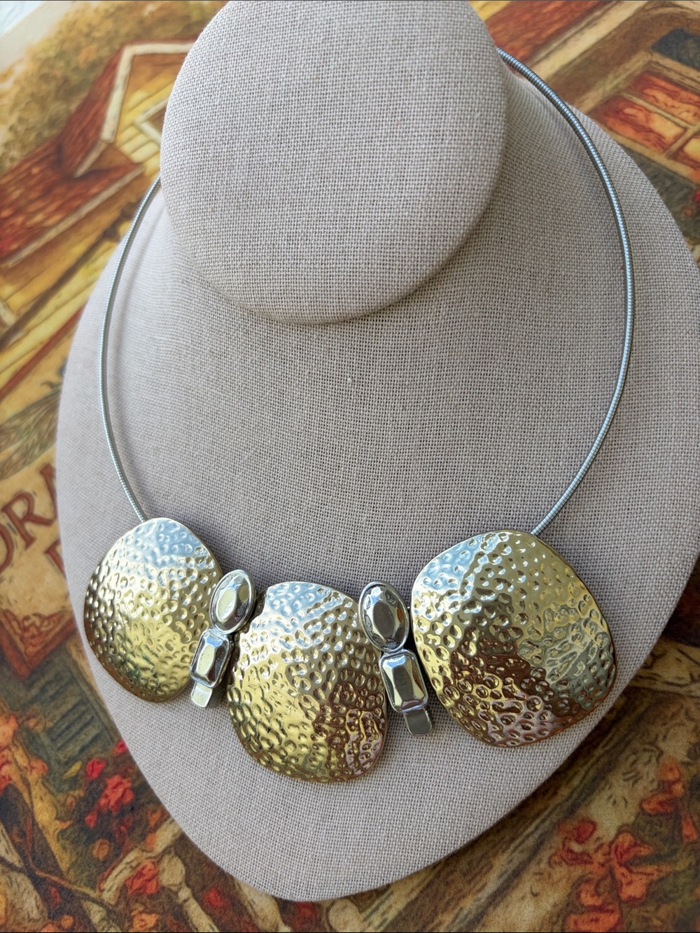 Chico's Gold and Silver Hammered Disc Collar Necklace